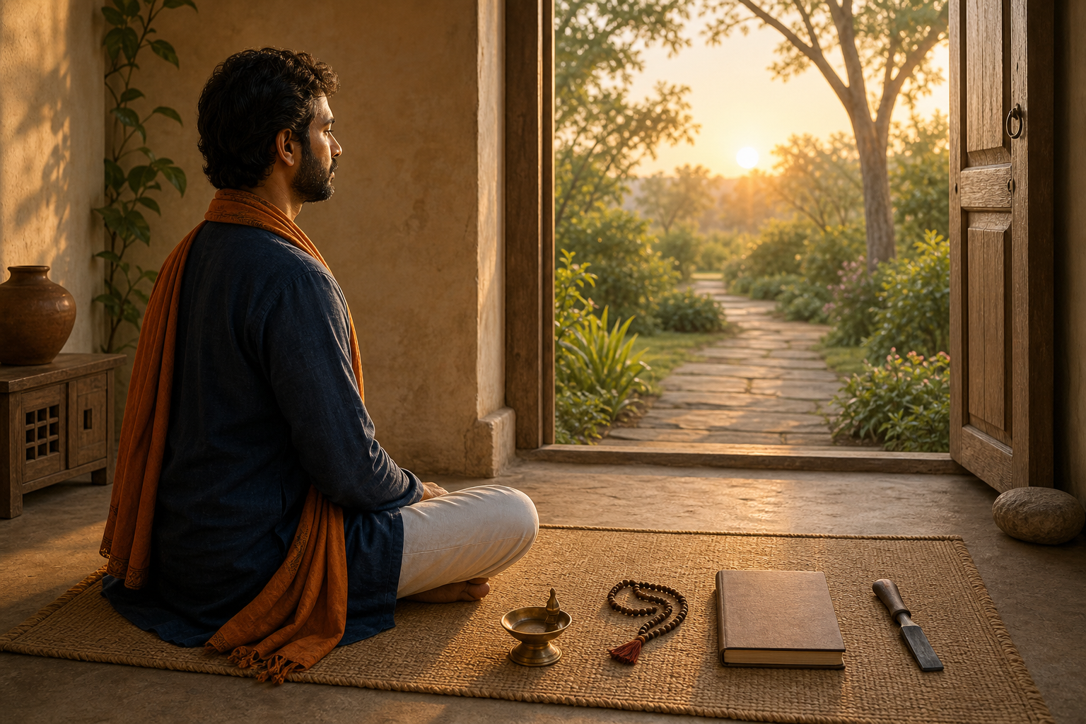 A person sits in quiet contemplation at dawn beside prayer beads, a brass lamp, a closed notebook, and a work tool, with a garden path visible through an open doorway.