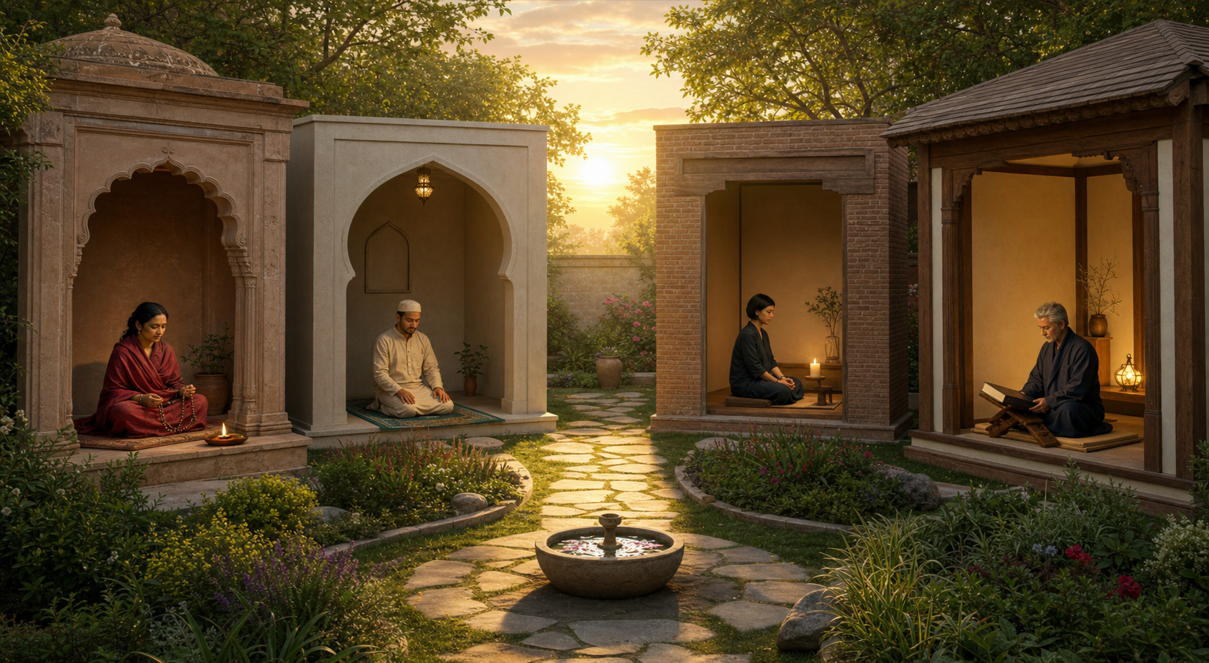 Four adults follow different devotional practices in separate alcoves surrounding the same dawn-lit garden courtyard.