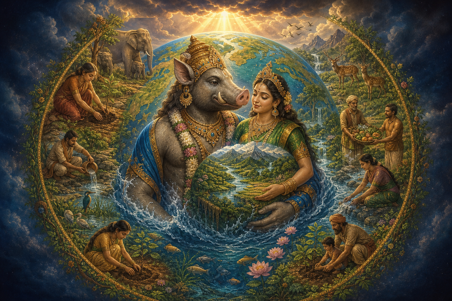 Varaha supports Bhudevi above luminous waters, surrounded by forests, rivers, farms, wildlife, and people caring for the land.