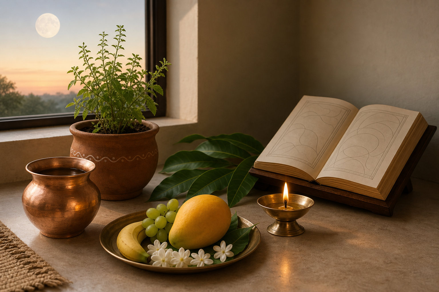 A brass oil lamp, copper water vessel, fruit, jasmine, mango leaves, tulsi plant, and open almanac arranged in a sunlit home prayer corner.