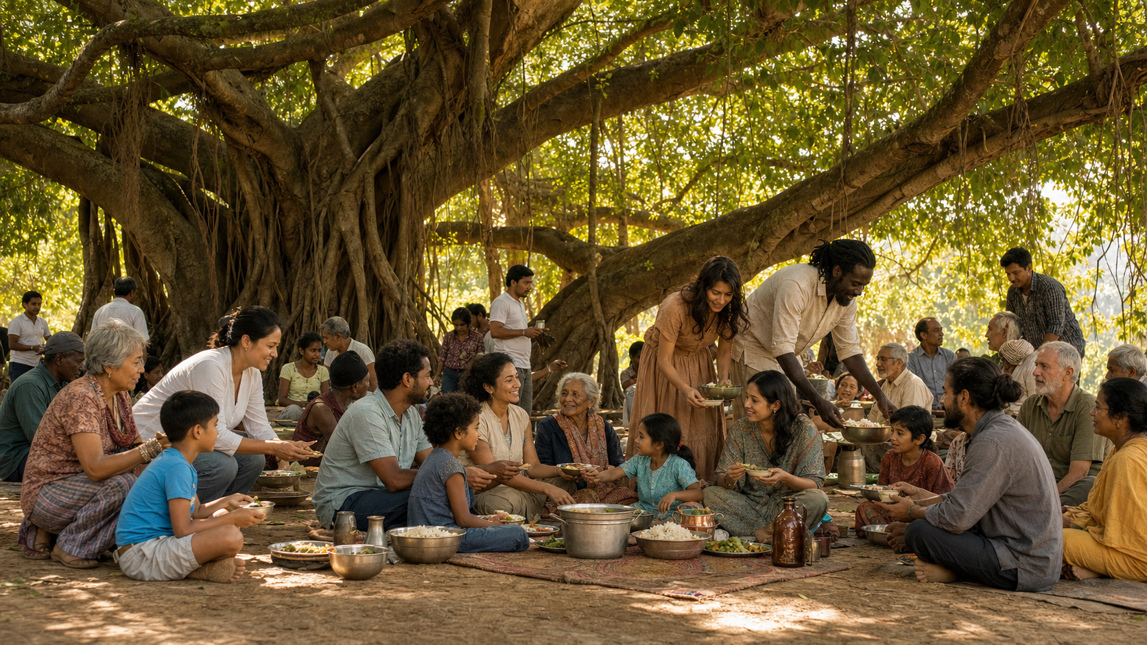 People of different ages share and serve a communal meal beneath the spreading branches of a banyan tree.