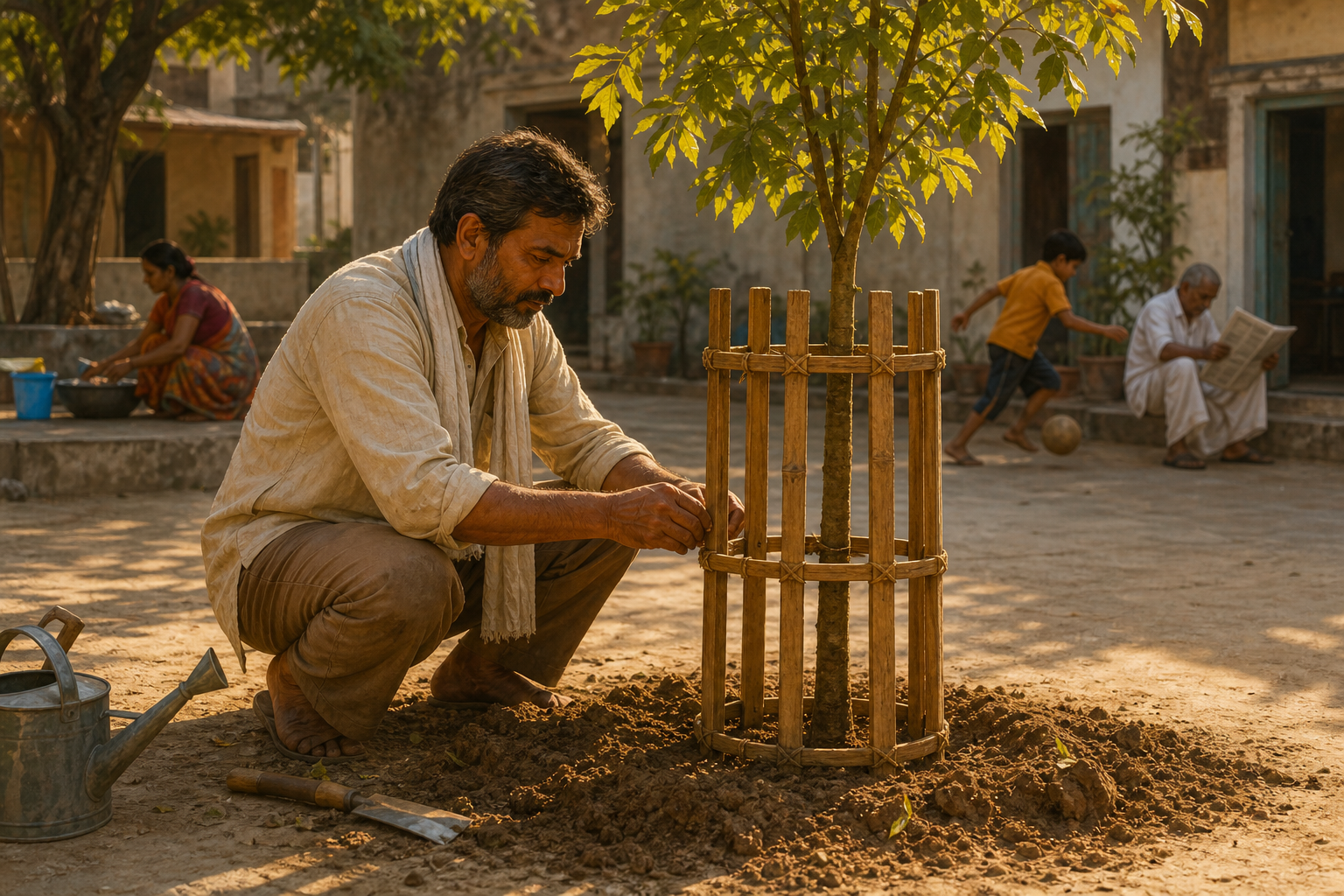 An Indian craftsperson tends a supported young tree while nearby residents go about their day without watching.