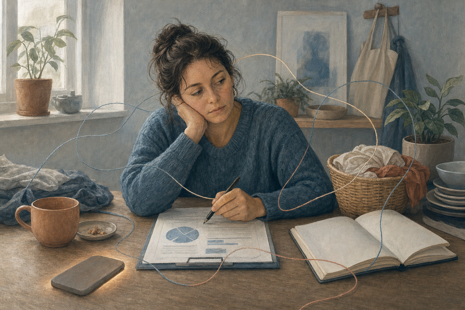 A distracted person sits at a desk surrounded by a face-down phone, an open blank planner, unfinished objects, and tangled threads representing scattered attention.