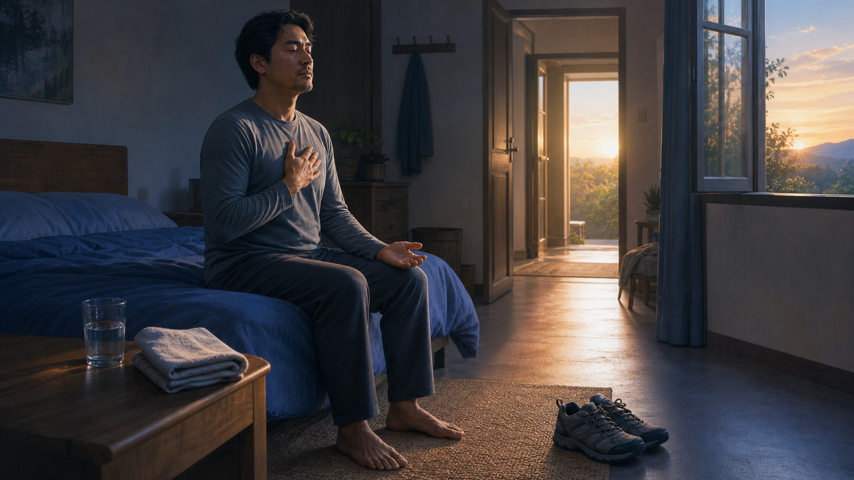A person practices quiet seated reflection at the edge of a bed before sunrise, with daily necessities arranged nearby.