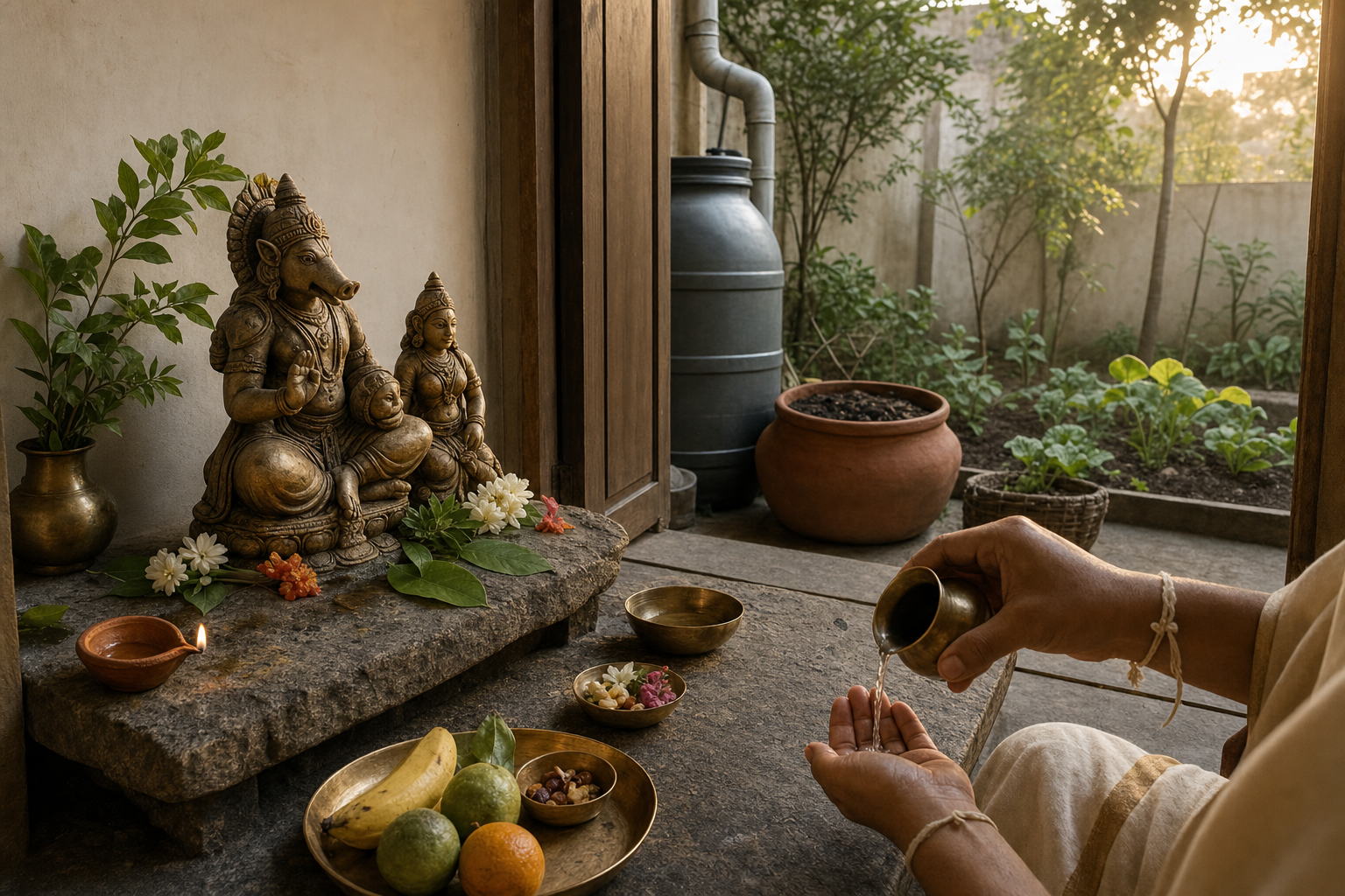 A devotee performs a simple Varaha and Bhudevi puja beside an open doorway overlooking a rain barrel, compost pot, and kitchen garden.