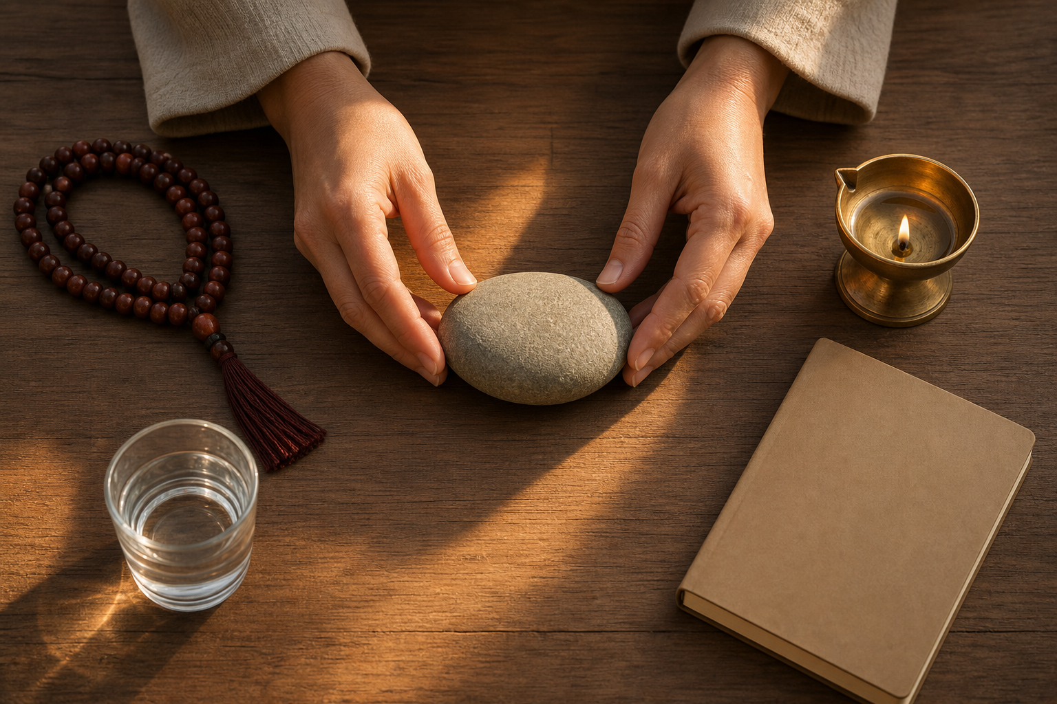 A pair of hands places one smooth stone at the center of an orderly morning arrangement with prayer beads, a brass lamp, water, and a closed notebook.