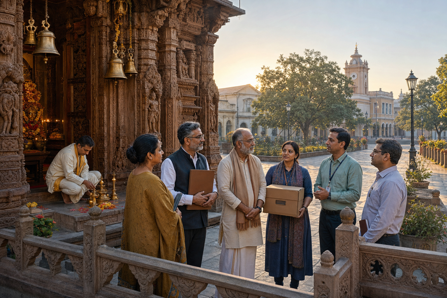 Devotees and temple trustees stand calmly at a historic temple entrance beside an oil lamp, document folder, and archival box as a public square extends beyond the sacred boundary.