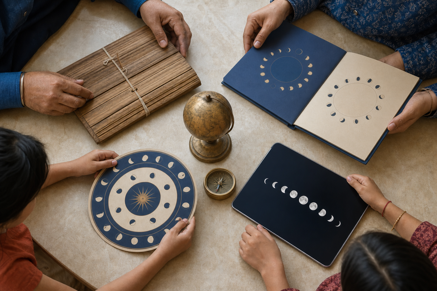 Family members compare several unlabeled almanac formats arranged around a brass compass and a small globe.