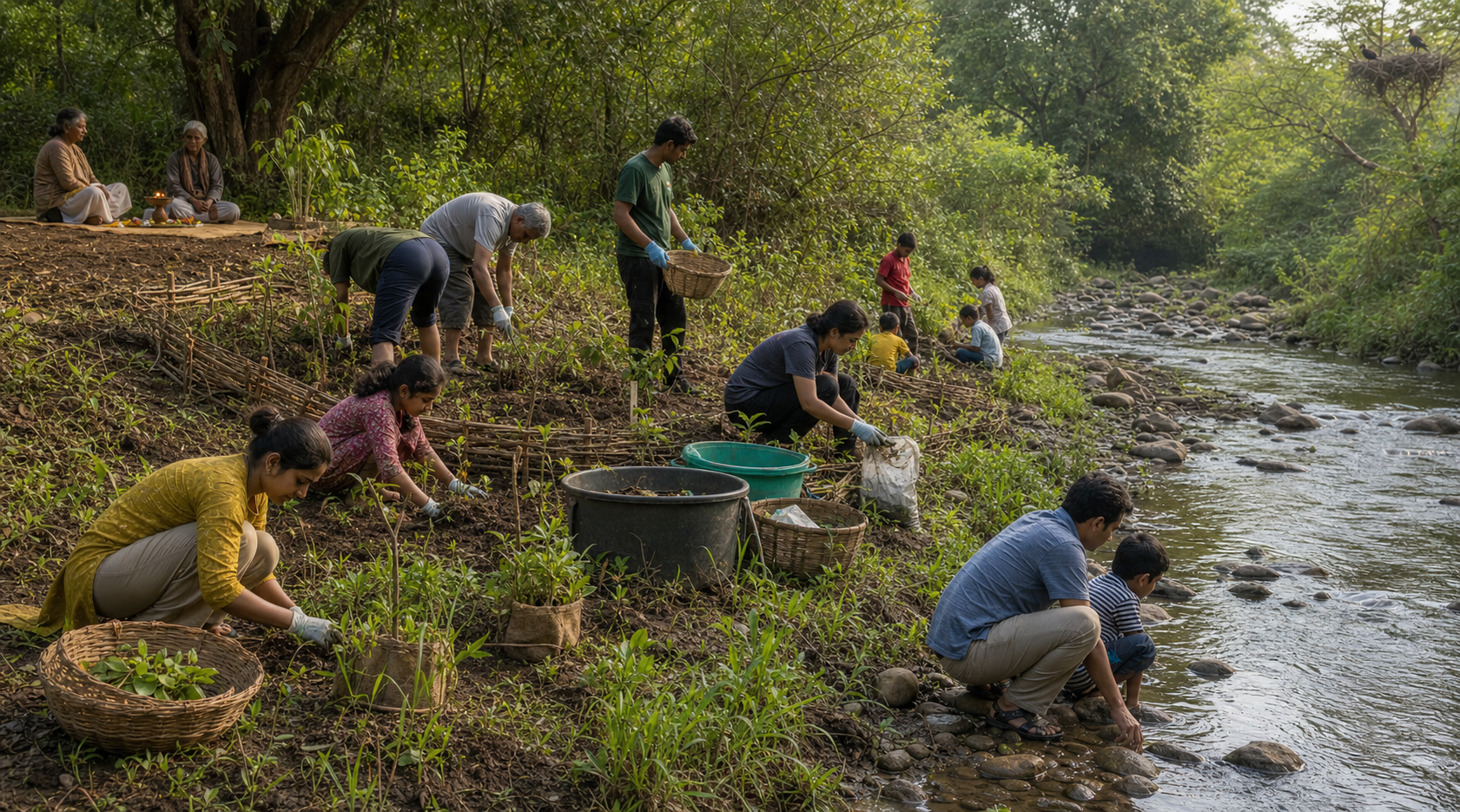 Volunteers remove waste, stabilize soil, and plant native vegetation along a stream while a small worship space remains away from the water.