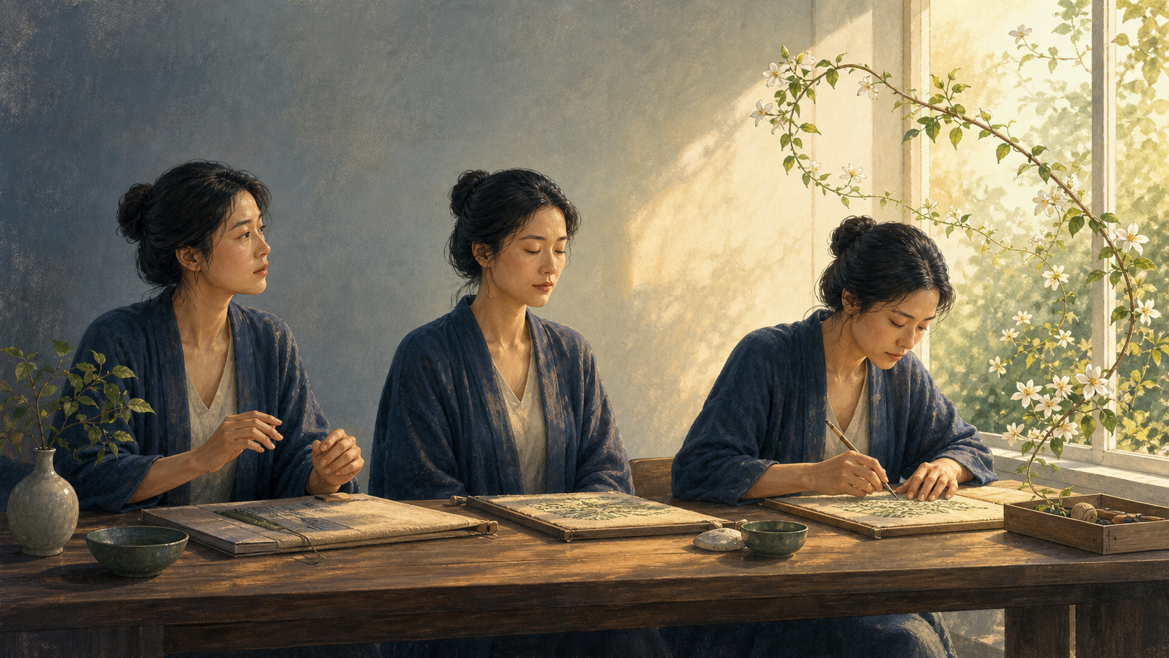 Three successive views of one person show them pausing at a desk, breathing calmly, and returning to a single task as a vine curves toward the window light.