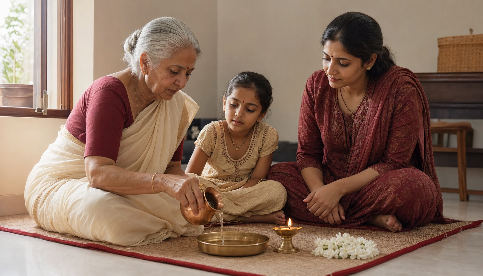 Three generations of a family sit together as an elder pours water into a brass bowl beside a lamp and white flowers.