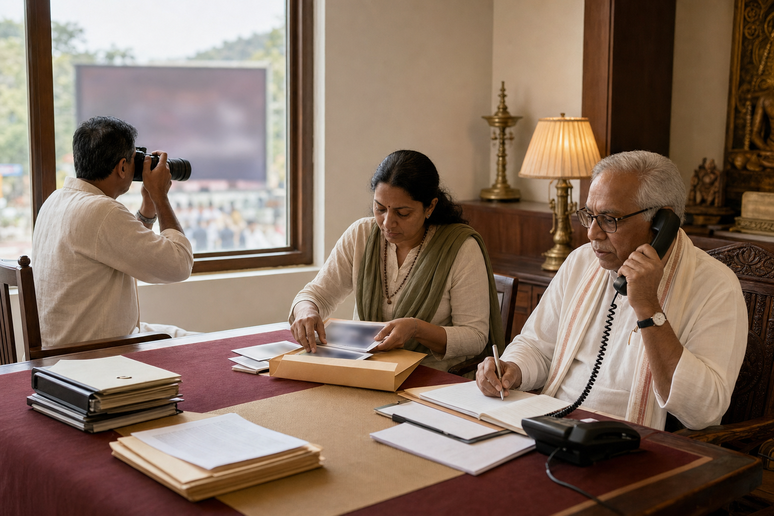 Three temple representatives document an indistinct public display, organize evidence in a folder, and make a calm phone call from an administration room.