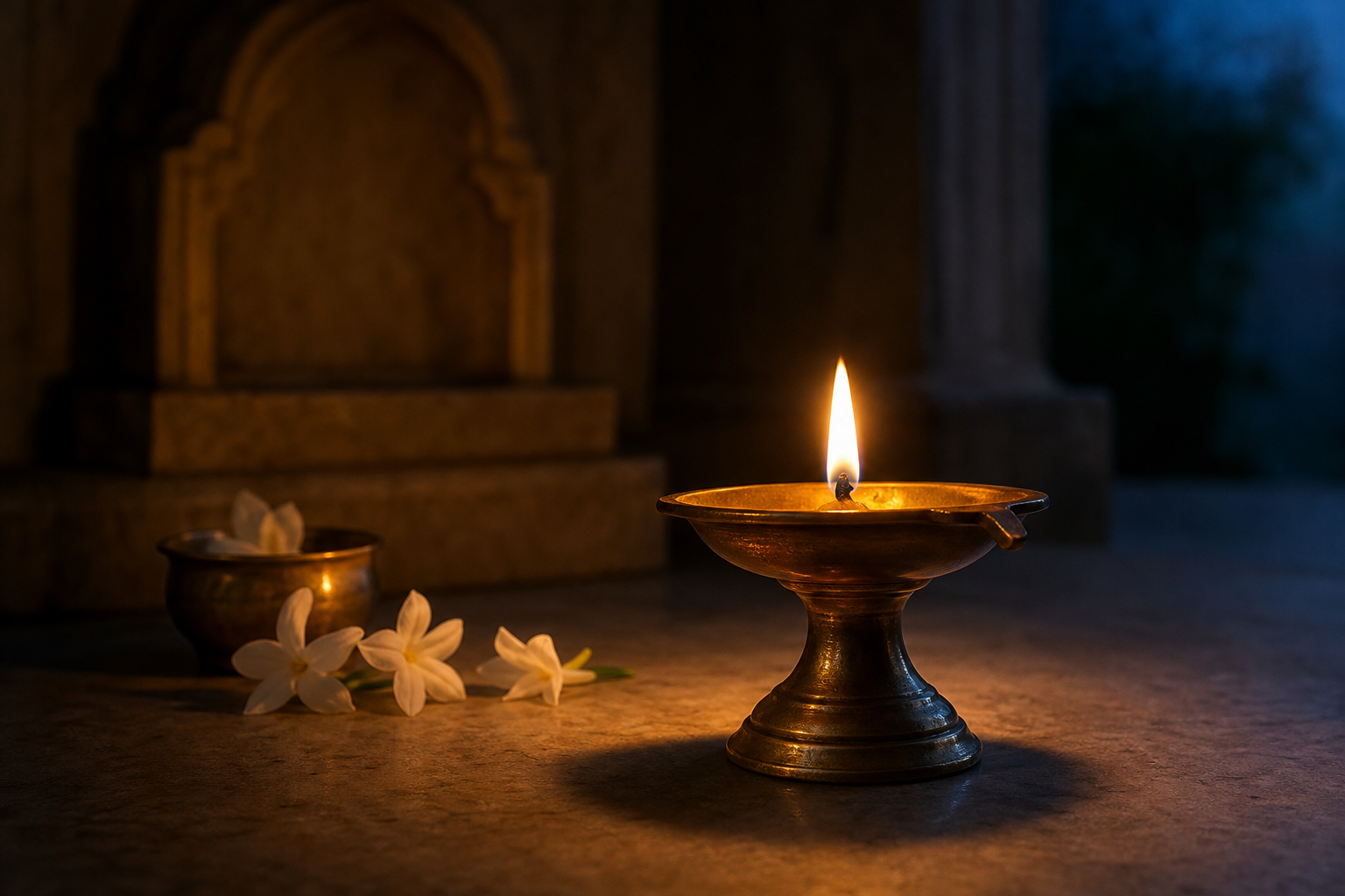 A lit brass diya with a cotton wick stands beside jasmine flowers and a small offering bowl in a dim shrine alcove.