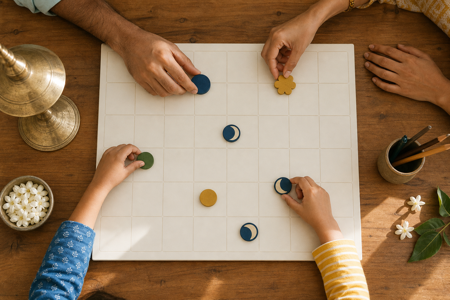 A family arranges colored wooden markers and moon tokens on an unlabeled reusable planner at a dining table.