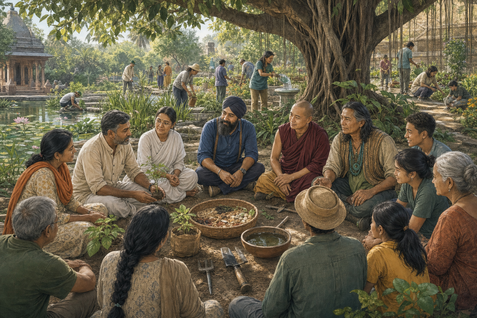 People from several dharmic and local traditions gather beneath a banyan tree while community members care for a garden and temple pond.