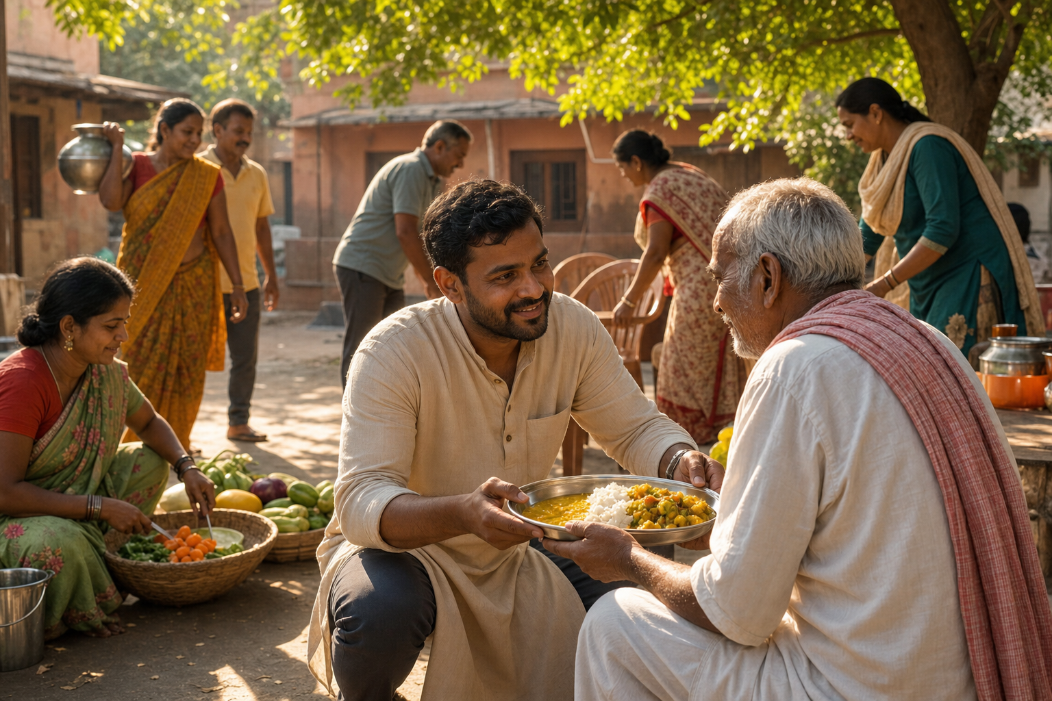 A volunteer serves a meal to an older person in a sunlit community courtyard while neighbors prepare food, carry water, and arrange seats nearby.