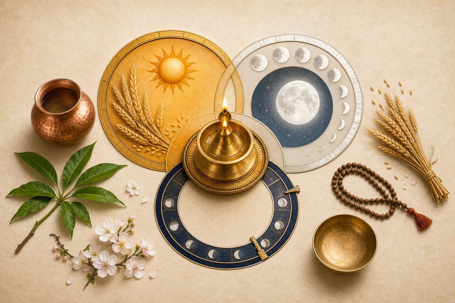 Brass lamp surrounded by overlapping solar and lunar time rings, grain, mango leaves, flowers, prayer beads, and an offering bowl.