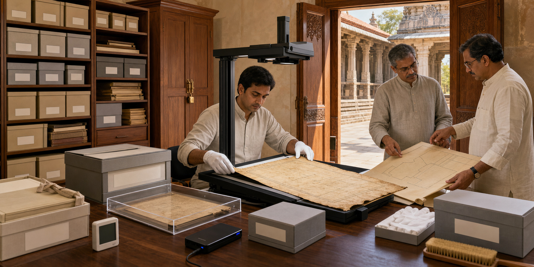 An archivist scans an old temple property document while two trustees examine a site plan in a secure records room lined with archival boxes and locked cabinets.