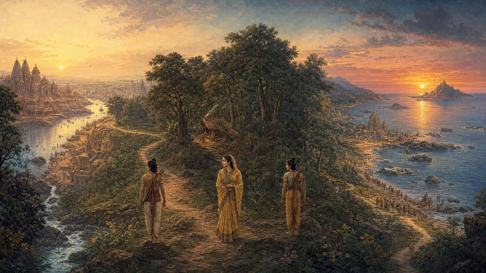 Rama, Sita, and Lakshmana stand in a continuous landscape connecting a riverside city, forest hermitage, southern temple shore, sea, and distant island.