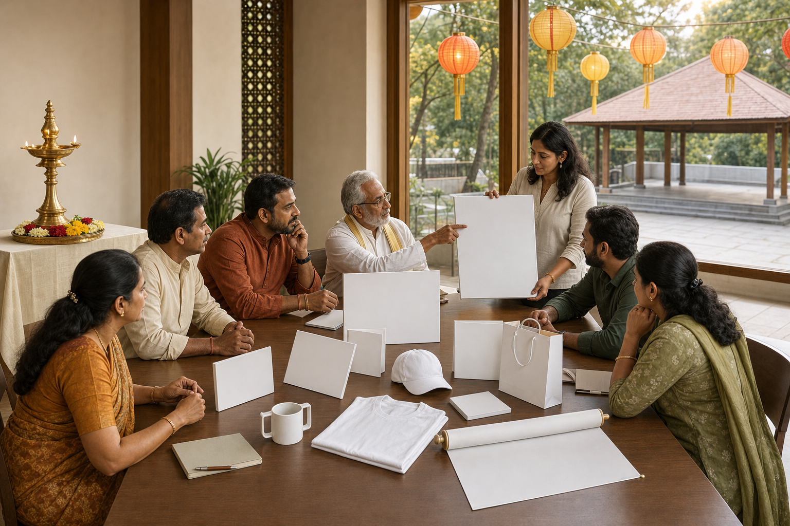 Temple representatives, a festival organizer, a designer, and a vendor review blank campaign mockups at a meeting table while a brass lamp and flowers remain on a separate raised surface.