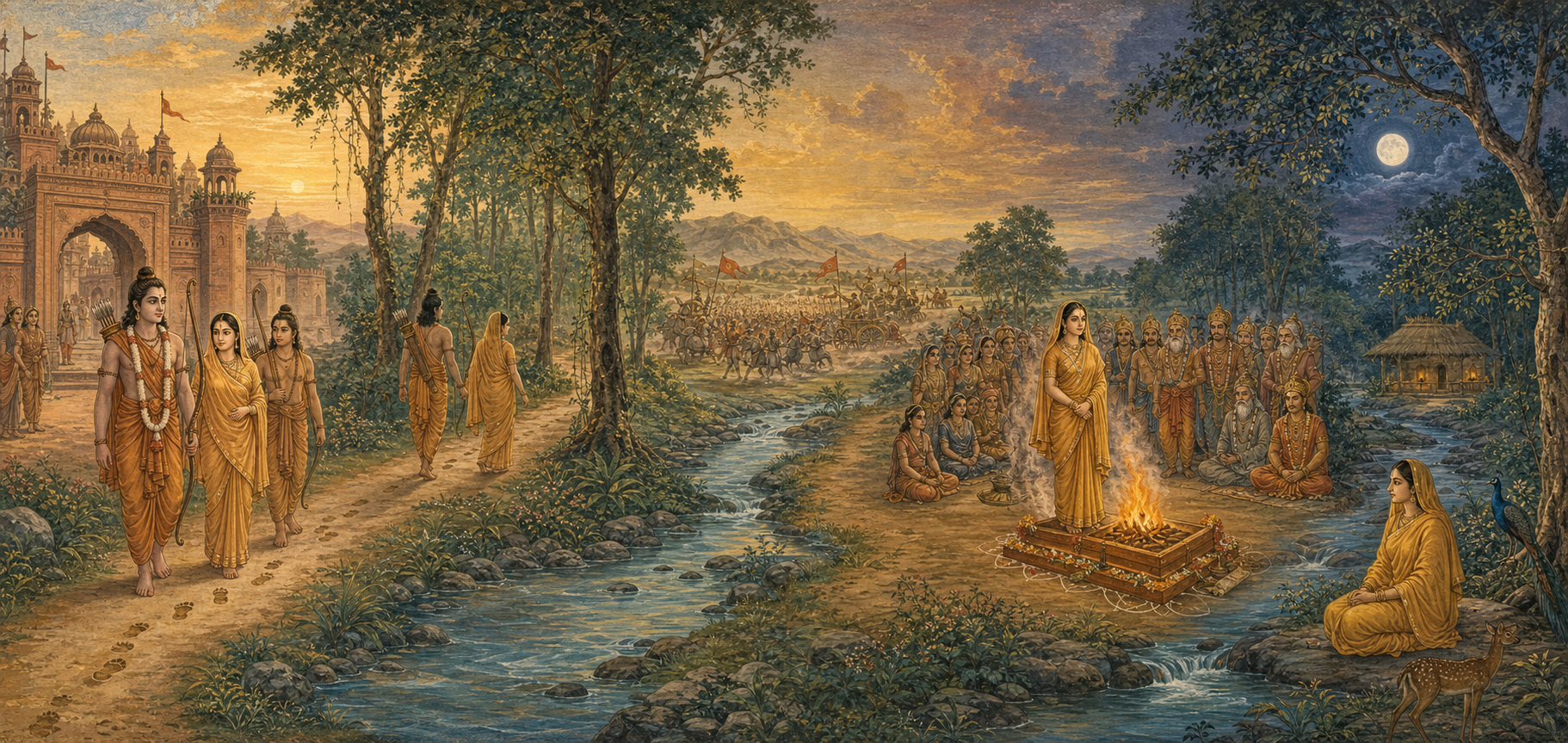 A continuous landscape shows successive Ramayana episodes from departure into exile through forest life, conflict, a ceremonial fire, and a later hermitage.