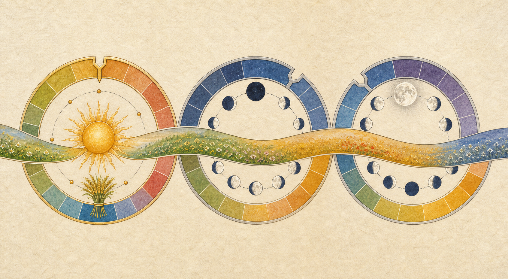 Three symbolic time circles show a solar cycle and two lunar month systems with differently placed boundaries.