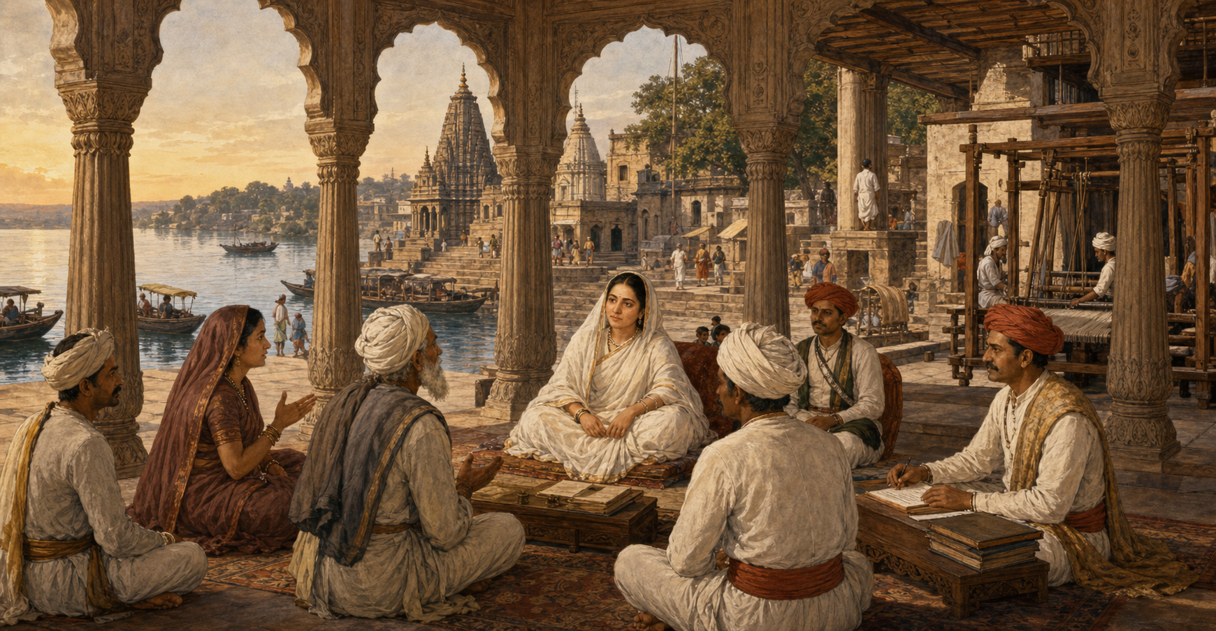 Ahilyabai Holkar hears petitioners in an open court overlooking the Narmada River, with Maheshwar's ghats, temples, boats and weaving quarter beyond.