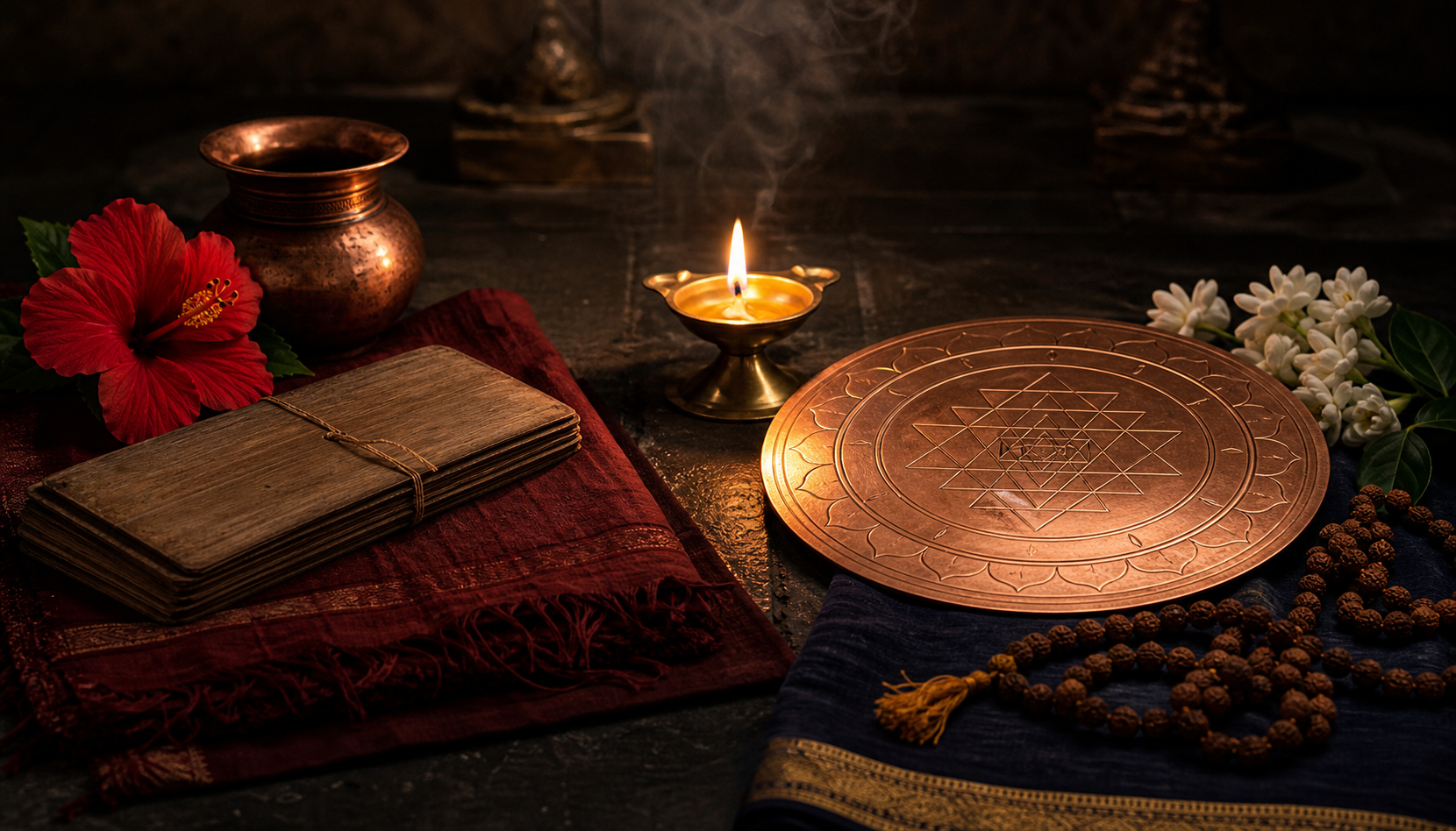 Two neighboring tantric ritual arrangements share a stone altar, with flowers, lamps, a palm-leaf manuscript and a copper Sri Chakra gathered around one illuminated center.