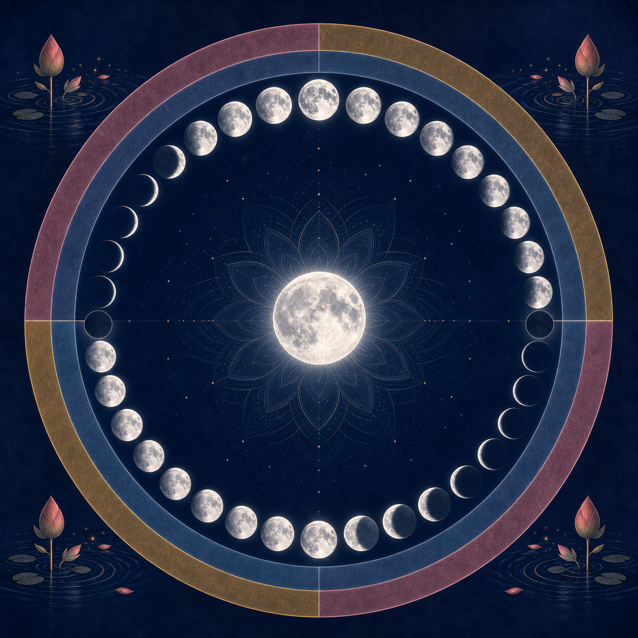 A moon-phase wheel with two offset color bands changing at the full-moon and dark-moon boundaries.