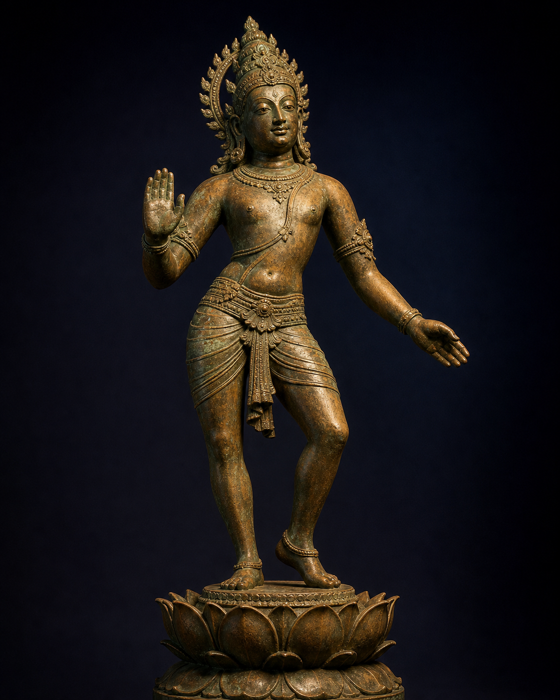 Hindu-style bronze sacred figure wearing a short wrapped lower garment with a girdle, waist knot, pleats, and a mid-thigh hem.