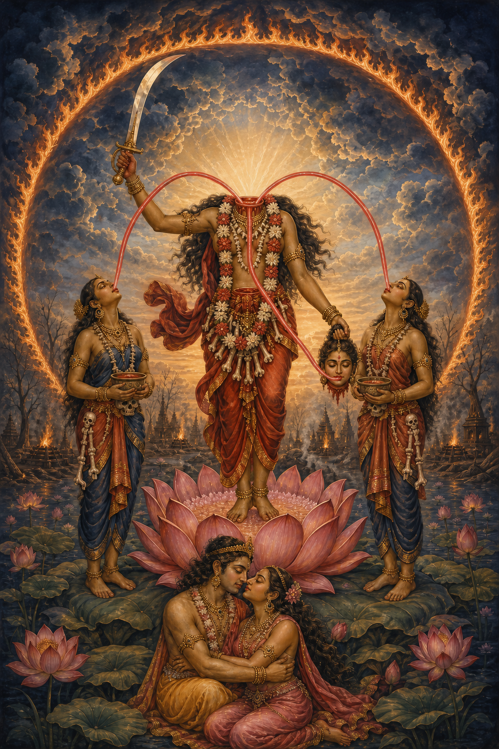 A stylized sacred image of Chinnamasta holding a curved sword and her severed head as three red streams flow toward her and two attendants above Kama and Rati on a lotus.