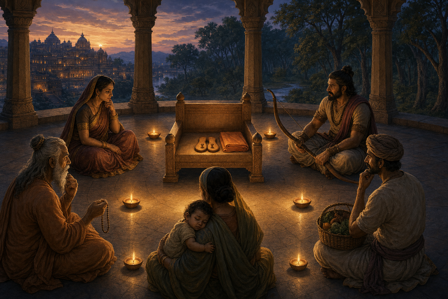 Five thoughtful figures from royal, religious, military, family, and civic life sit around an empty royal seat illuminated by oil lamps.