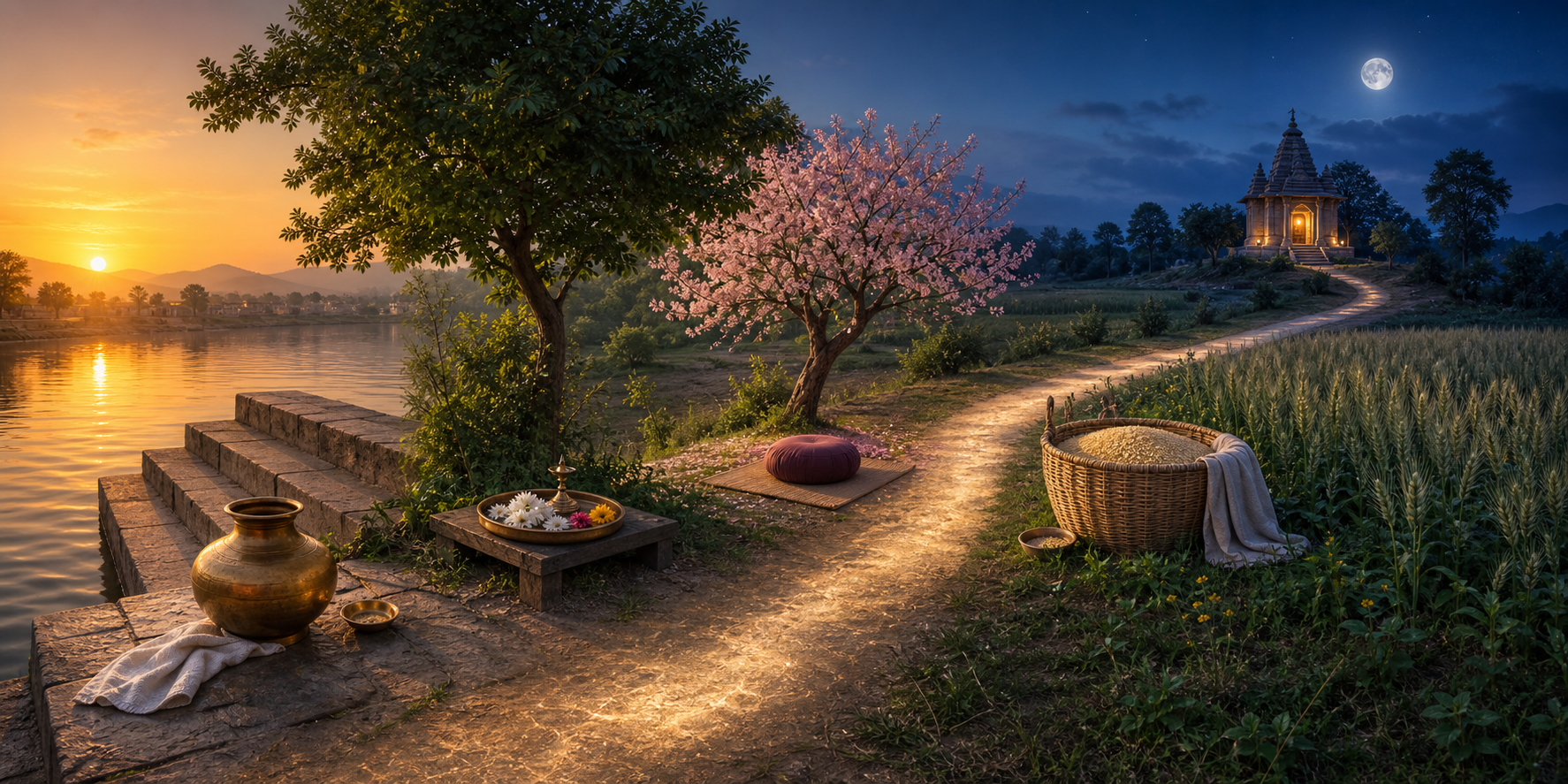 A curving path of light connects a bathing ghat, offering tray, meditation place, grain basket, and distant temple threshold.