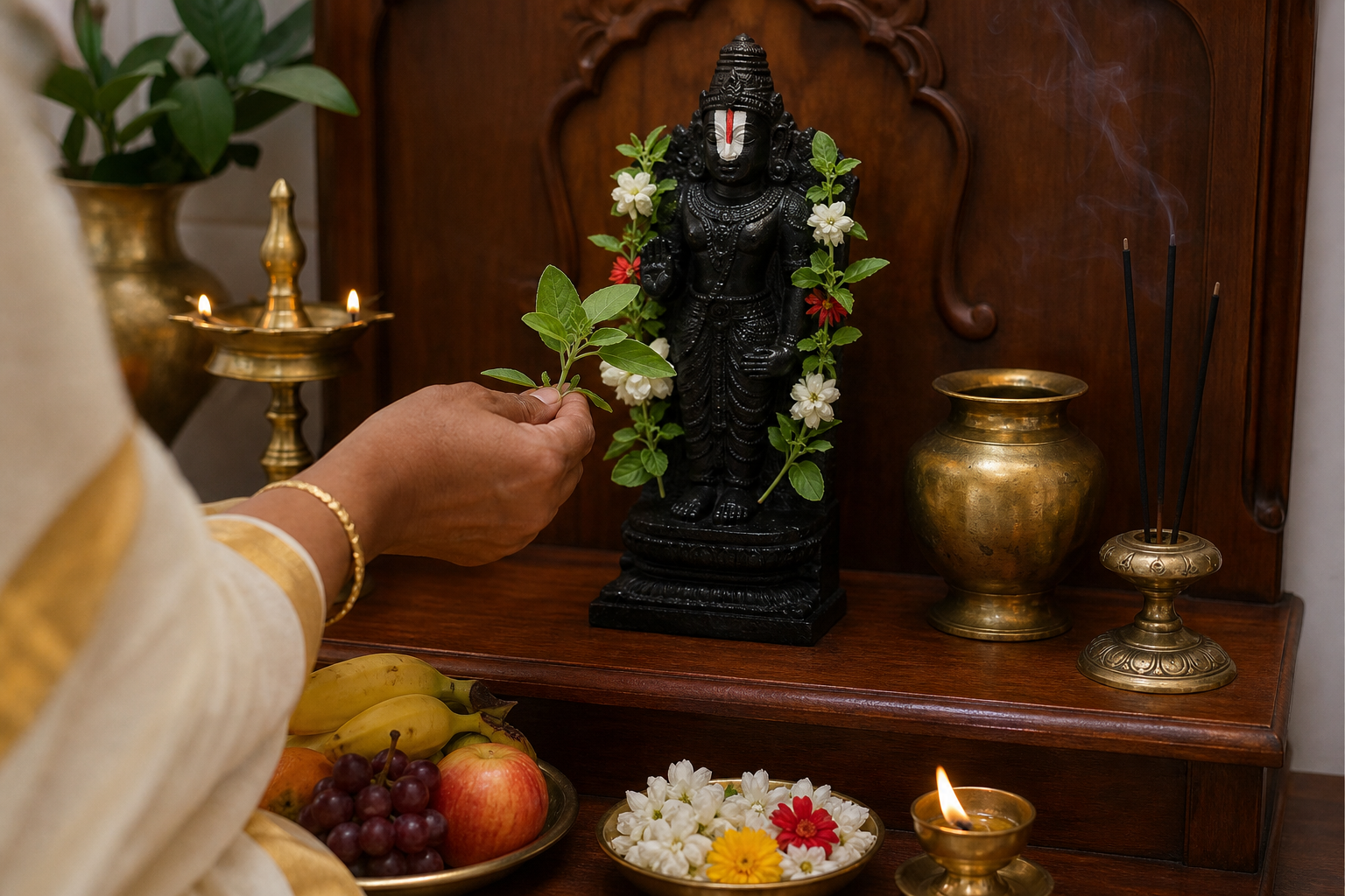 A devotee offers tulasi leaves and flowers at a neatly arranged home altar with a small Venkateshwara murti and brass lamp.
