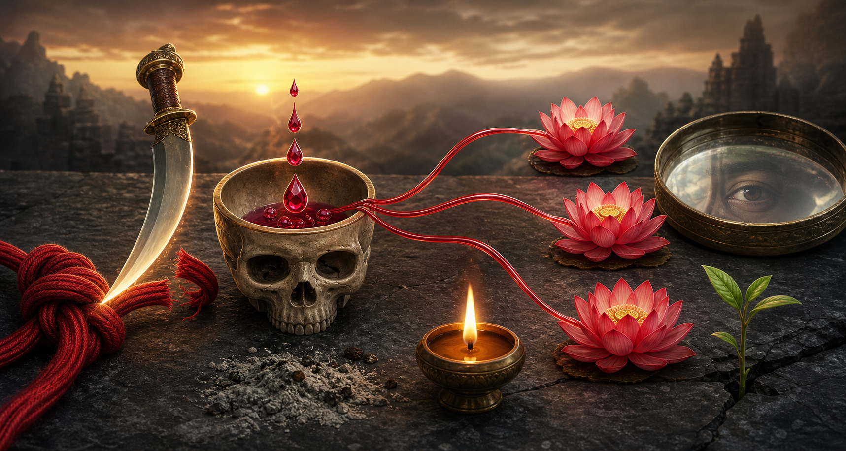 A curved sword cuts a knotted red cord beside a skull bowl, three red currents feeding lotus blossoms, a reflected eye, ash, a flame, and a green shoot.