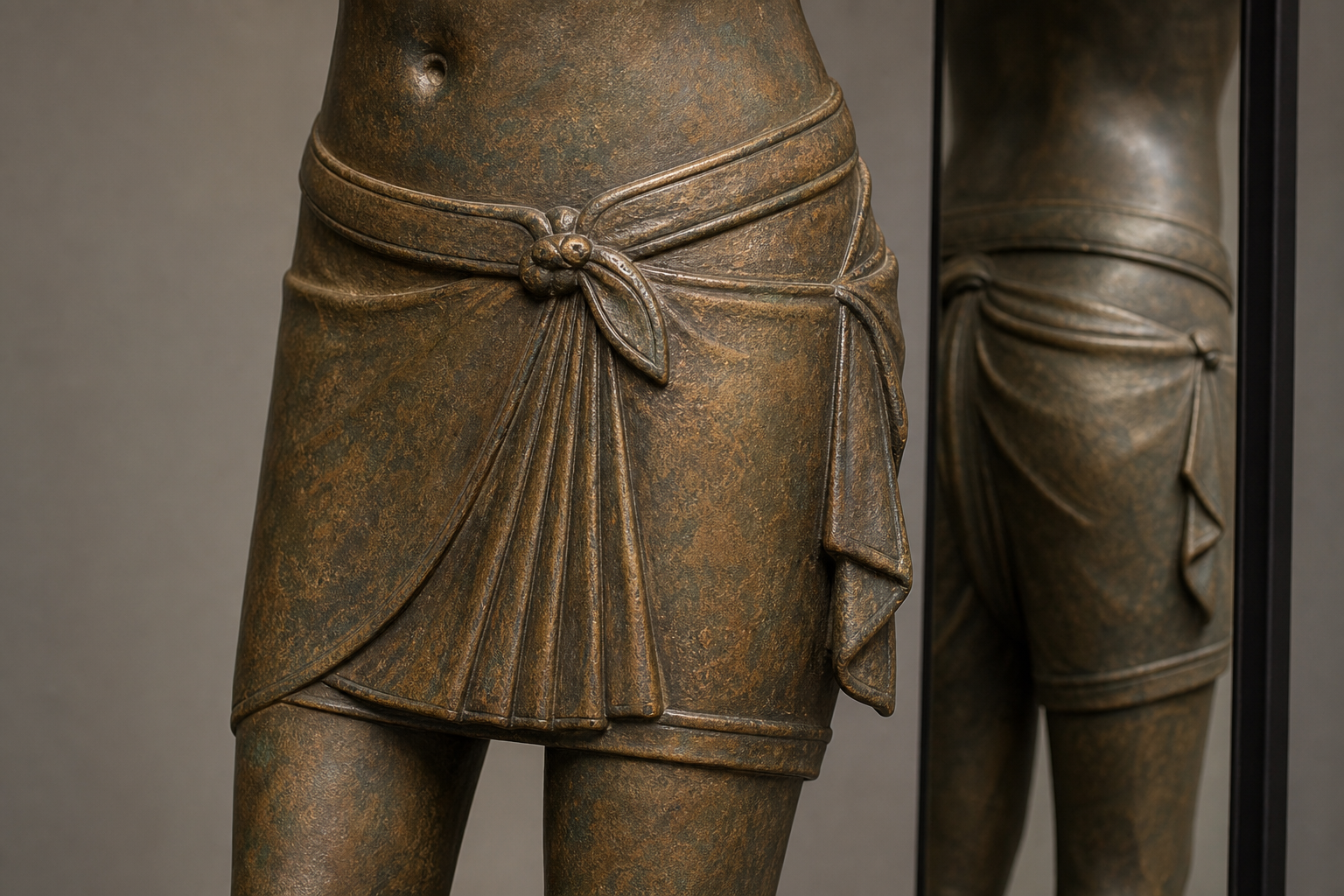 Close view of a bronze figure's hips and thighs showing a girdle, waist knot, overlapping cloth, compact pleats, and a short hem.