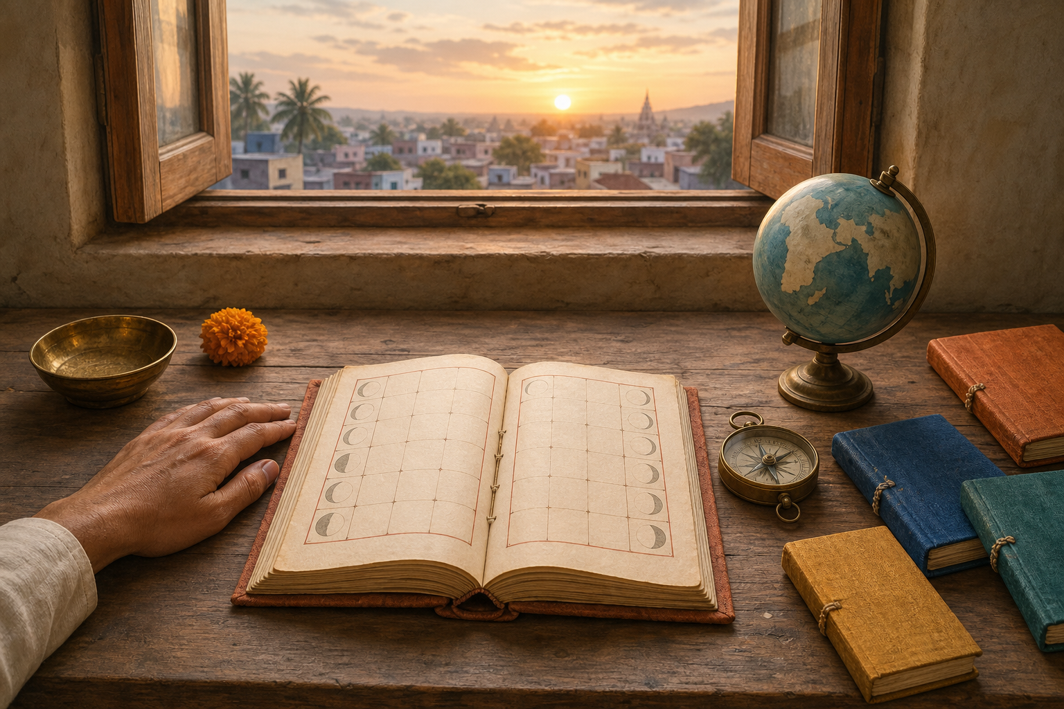 An open symbolic almanac, compass, globe, brass bowl, and flower sit on a desk beside several closed calendar volumes.