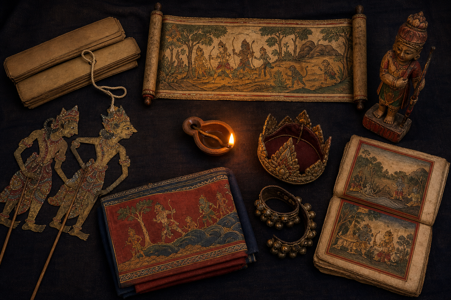 Palm-leaf folios, an illustrated scroll, puppets, a textile panel, performance objects, and a handmade book surround a clay oil lamp.