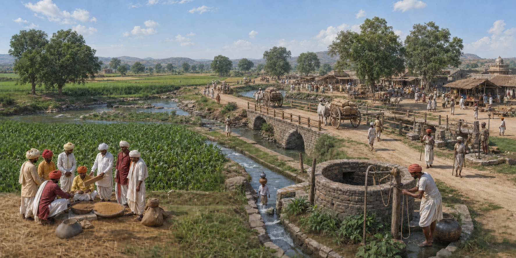 Cultivators, local officials, a well, irrigation channel, bridge, road and market appear within one eighteenth-century Holkar landscape.