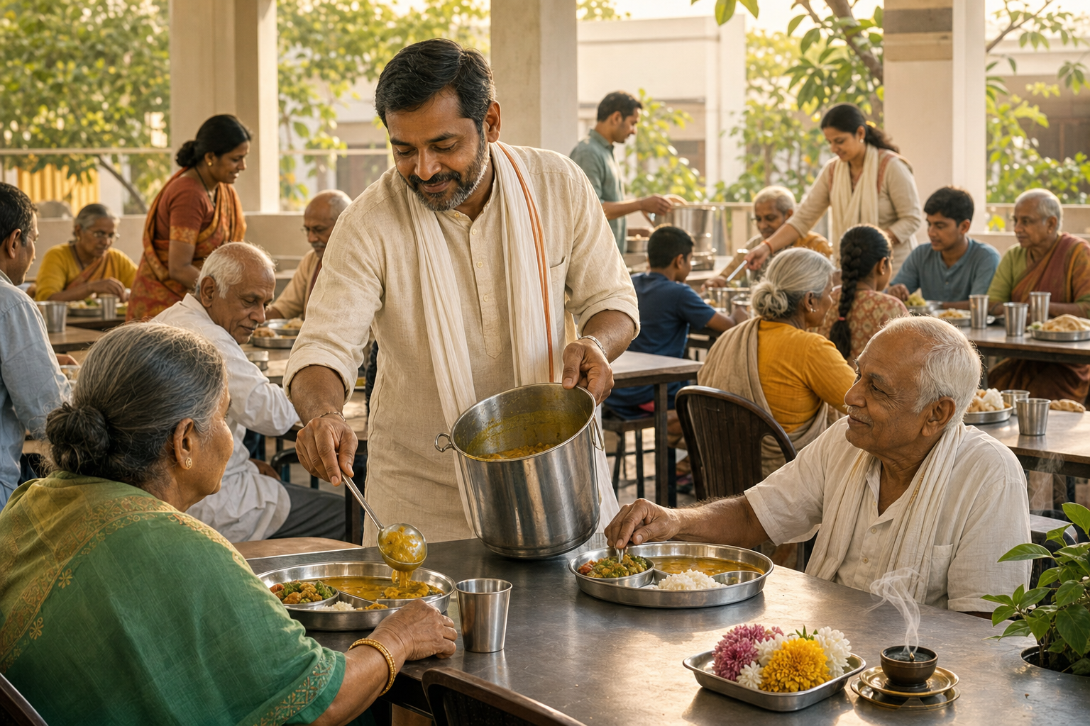A devotee fulfills a vow by serving a meal to elderly people and families alongside volunteers in a community dining space.
