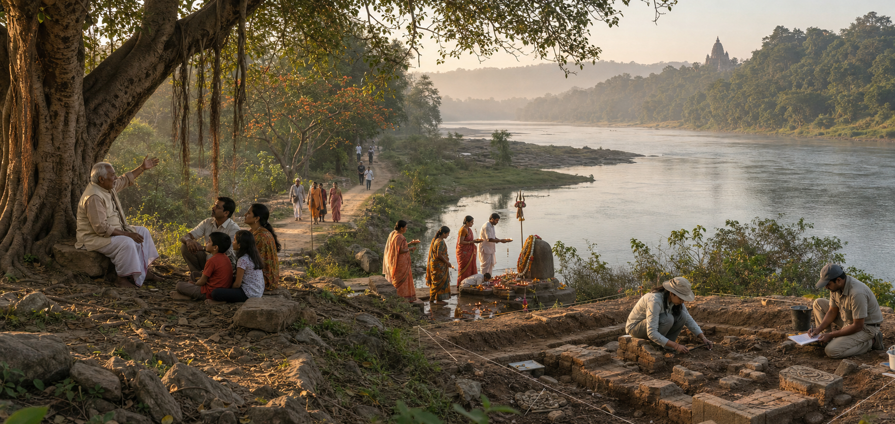 A riverside sacred landscape includes a storyteller, pilgrims at a shrine, residents on an old path, and researchers documenting an excavation area.