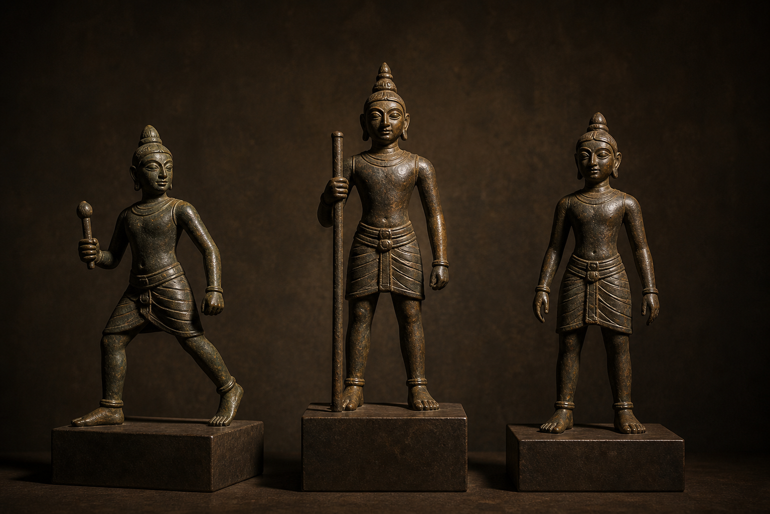 Three small bronze sacred figures in stepping, vigilant, and restrained poses, each wearing a brief waist-secured lower garment.