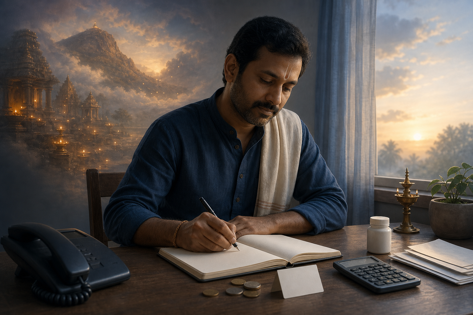 A devotee reflects at a desk as a dreamlike vision of temple lamps and a sacred hill fades into morning light beside everyday responsibilities.