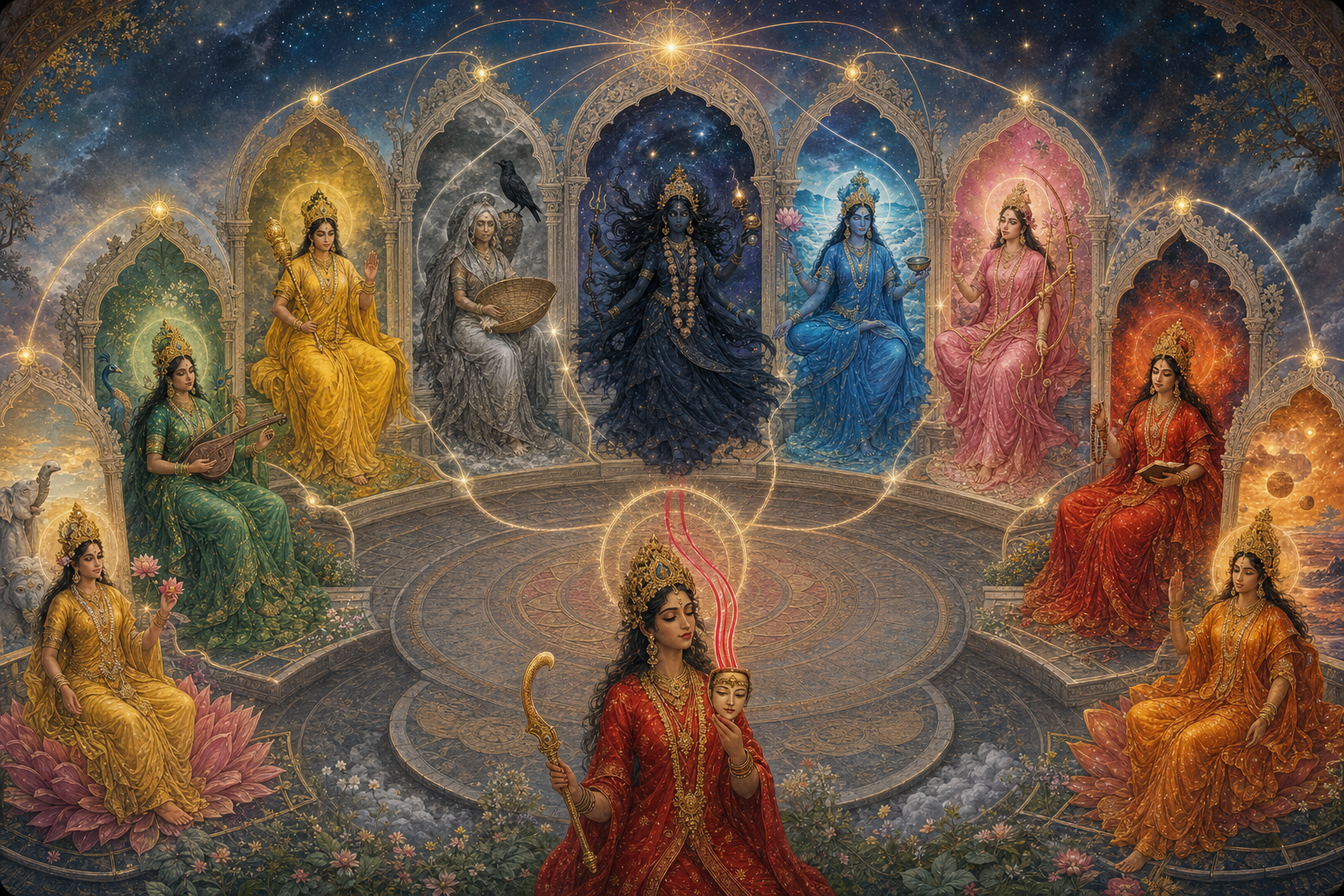 Ten distinct goddess figures form a luminous circle, with sword-bearing Chinnamasta in the foreground and nine differently colored Mahavidya forms around her.