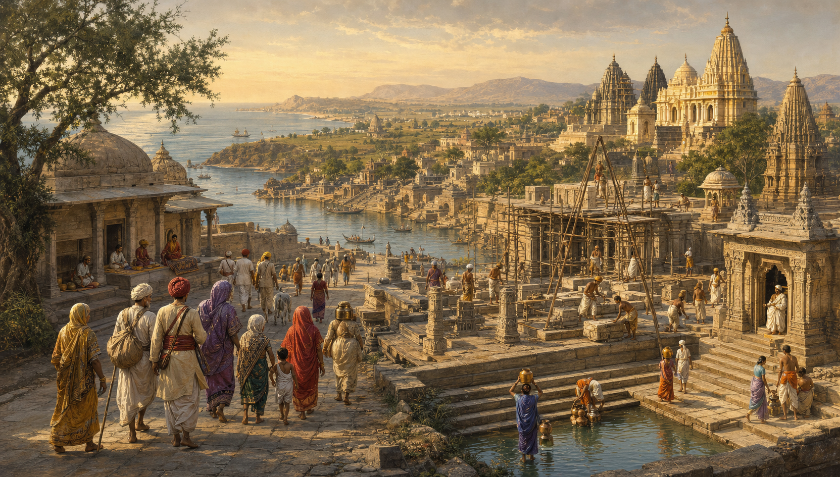 Pilgrims travel past a rest house and water tank toward a riverside temple being restored by stone masons.