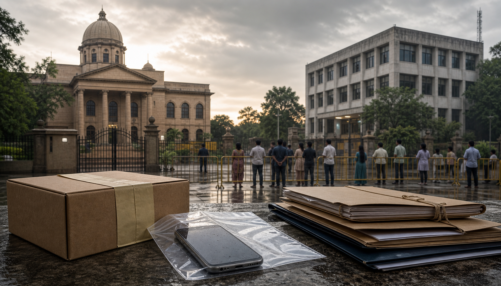 Sealed evidence, a smartphone, and case files sit between a courthouse, an investigation building, and waiting citizens in an Indian city.