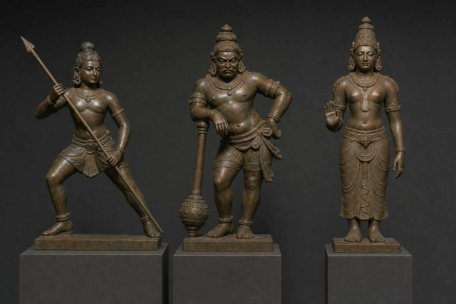 Three bronze figures shown together: an active spear-bearing deity and a club-holding guardian in short garments, beside a frontal crowned deity in a long drape.
