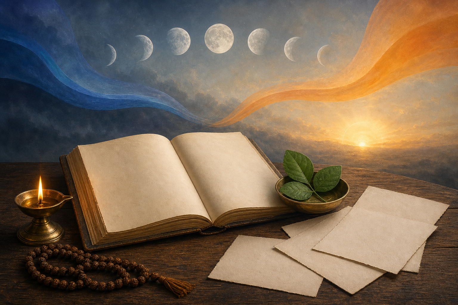 An unprinted almanac, oil lamp, bilva leaves, and prayer beads beneath layered images of the moon and rising sun.