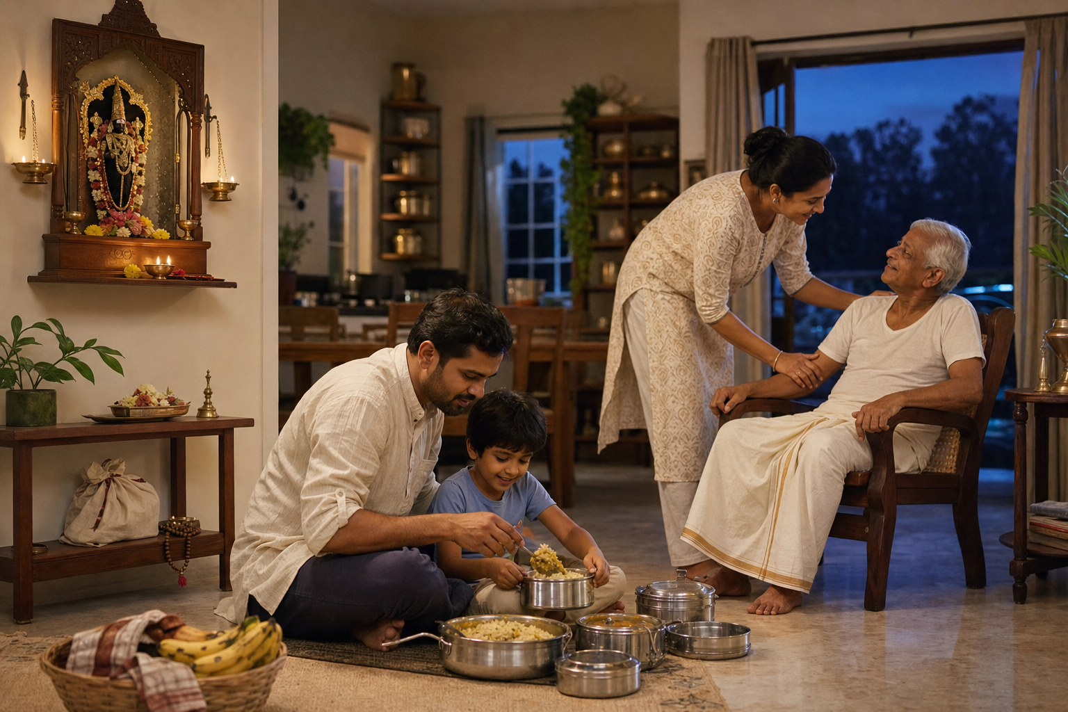 A multigenerational family gathers near a home prayer alcove while preparing food for neighbors and caring for an elderly relative.