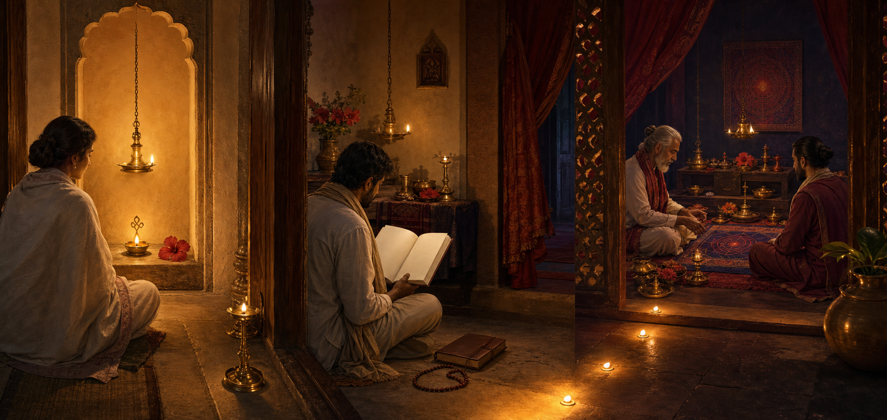 Three connected devotional spaces show a simple household offering, a practitioner studying with prayer beads, and an initiated practitioner seated with a teacher at a formal altar.